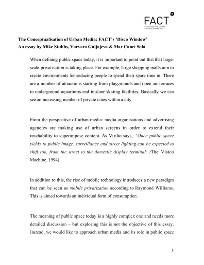 Thumbnail for The Conceptualisation of Urban Media: FACT’s ‘Disco Window’.